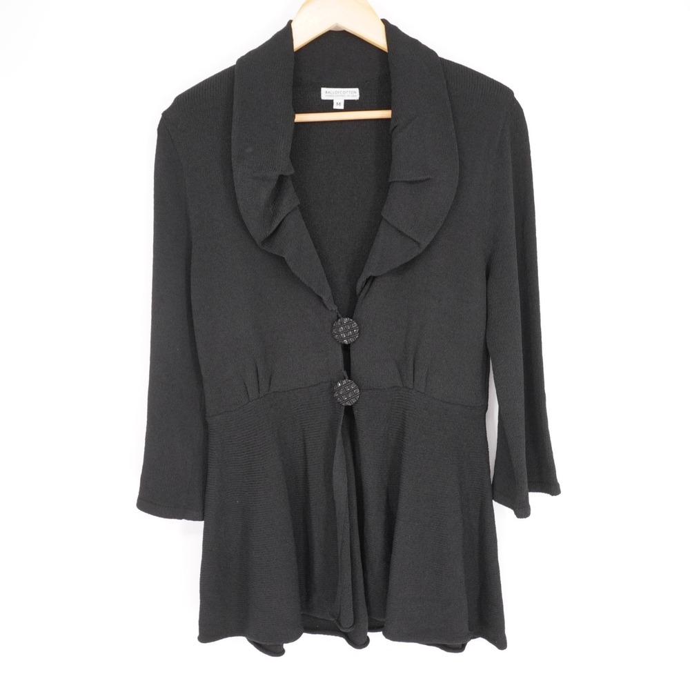 Ball Of Cotton Cardigan Sweater Jacket Womens M Black Classic Artsy Hand Loomed